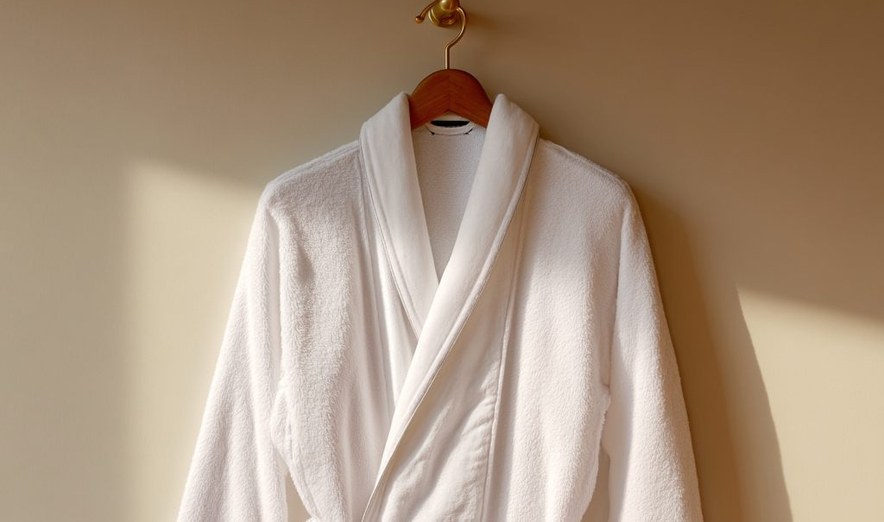 White bathrobe hanging on a wooden hanger