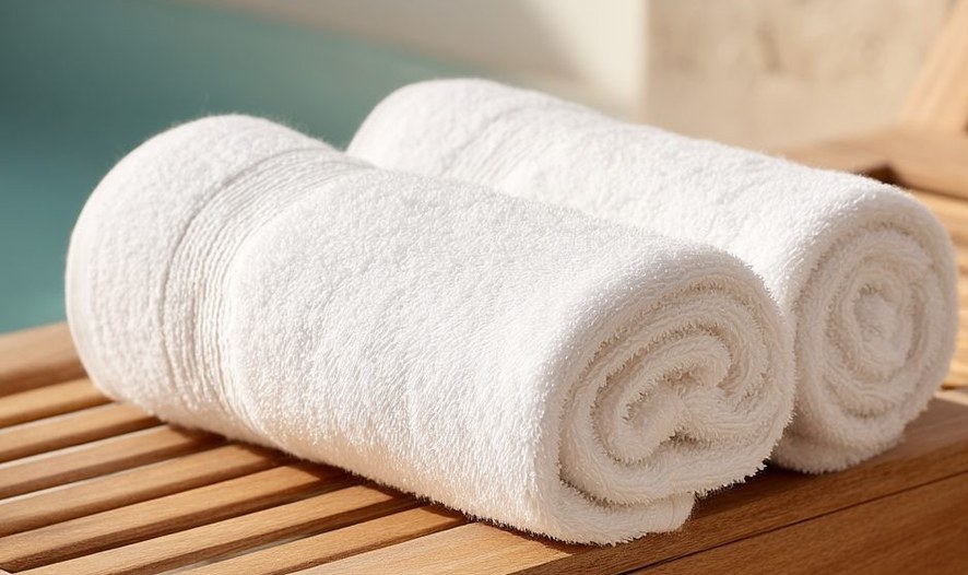 Rolled white towels on a wooden tray