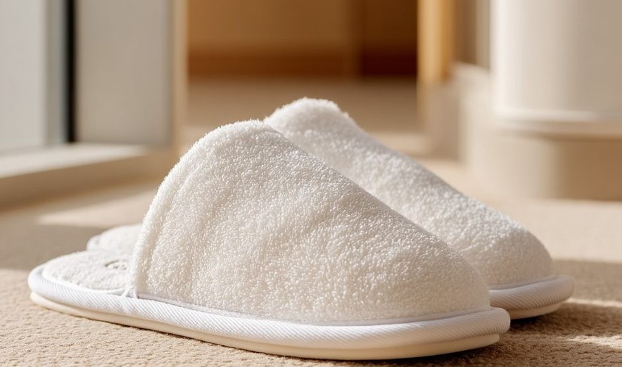 Folded white hotel slippers