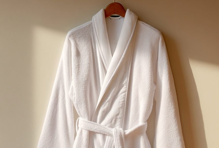 White hotel robe on a wooden hanger
