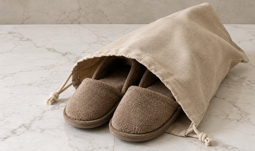Slippers in a drawstring shoe bag