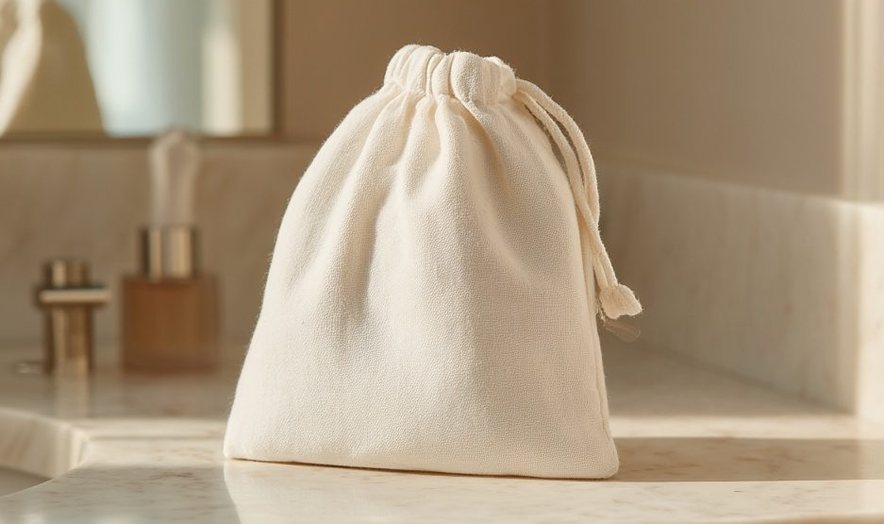 Cotton amenity pouch on a vanity