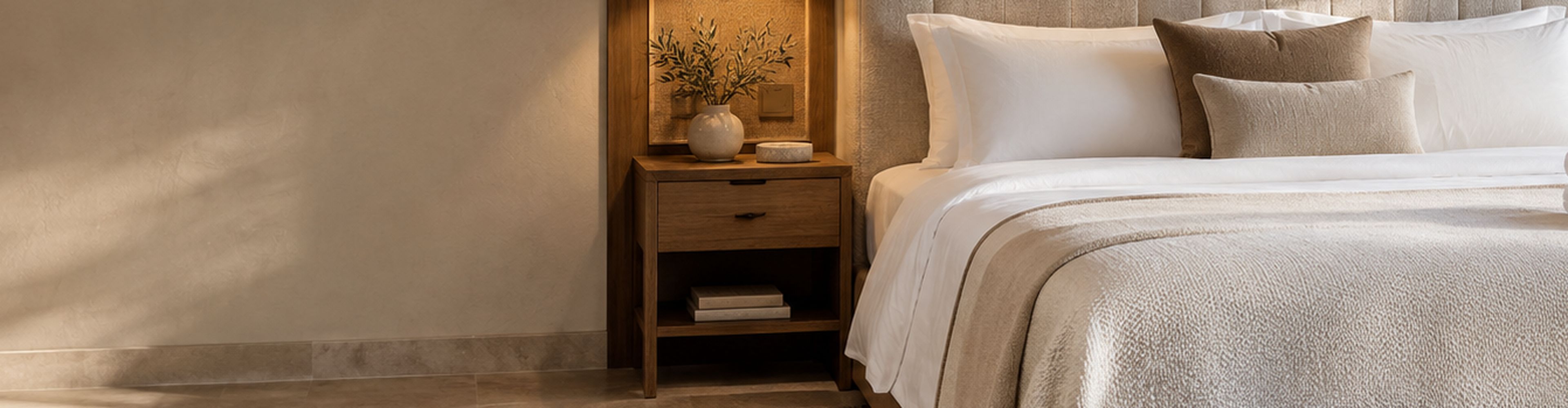 Boutique hotel bed with layered linens beside a wooden nightstand