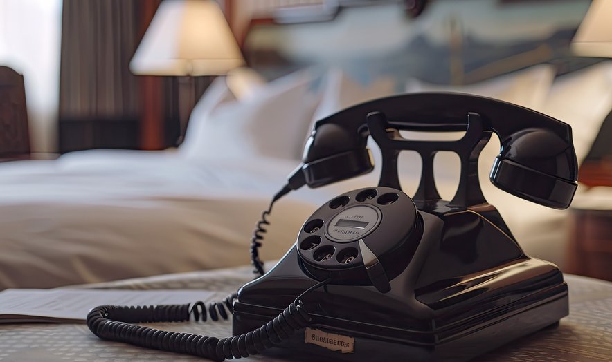 Vintage telephone on a hotel bedside table