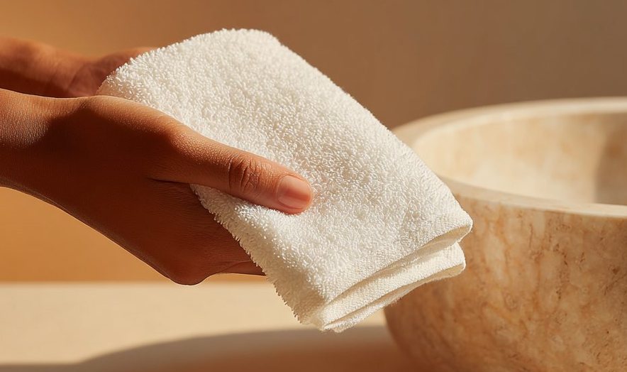 Hand holding a soft white towel