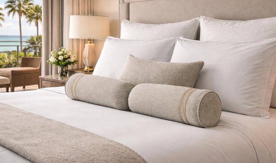 Hotel bed with bolster cushions