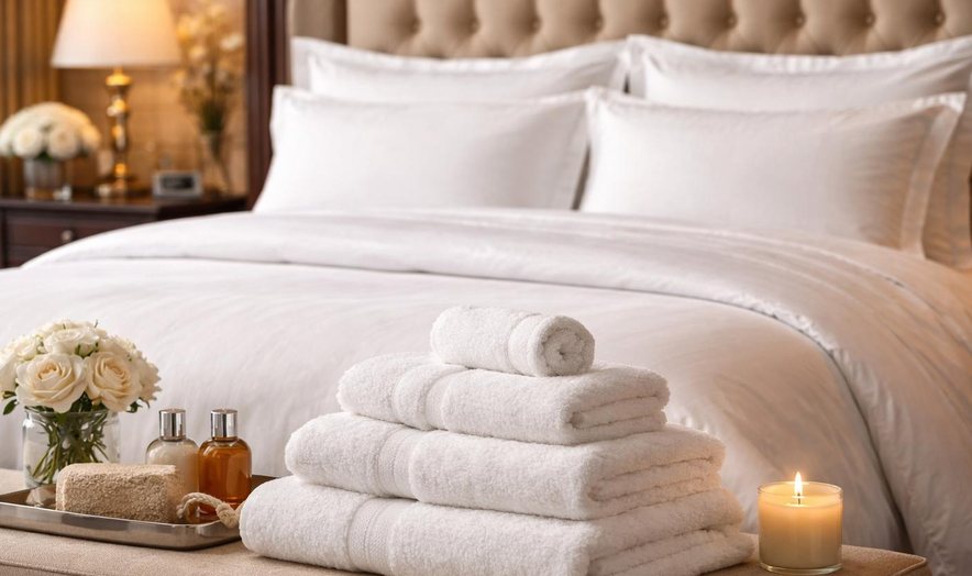 Hotel bed with folded towels and bath amenities