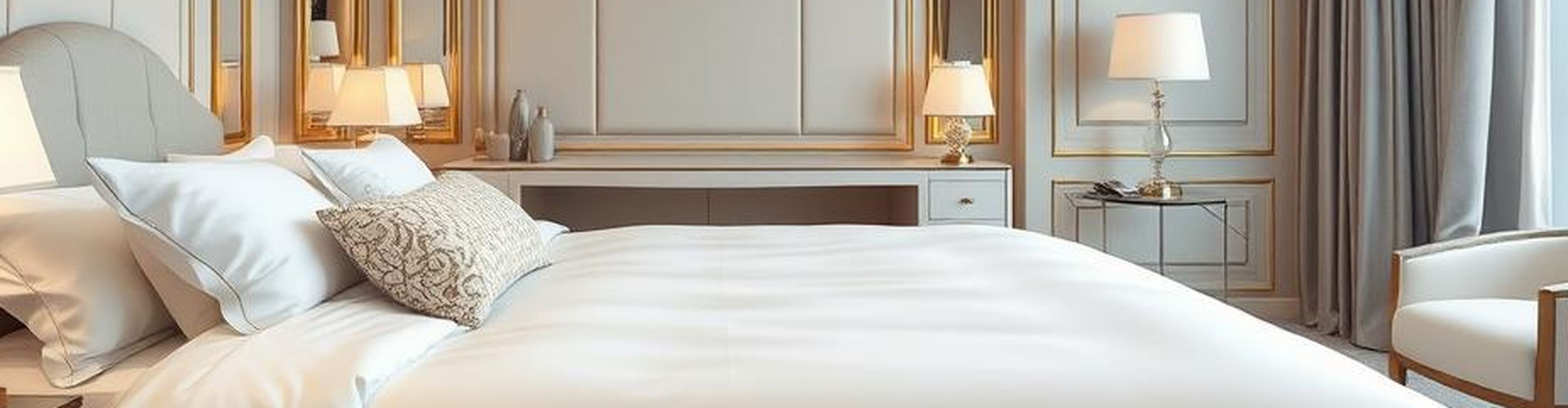 Hotel bedroom with crisp white linens and patterned cushions