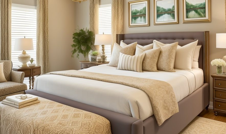 Luxury hotel guest room with a made bed