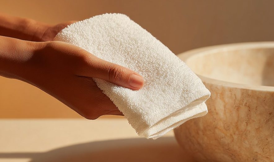 Hand holding a soft white towel