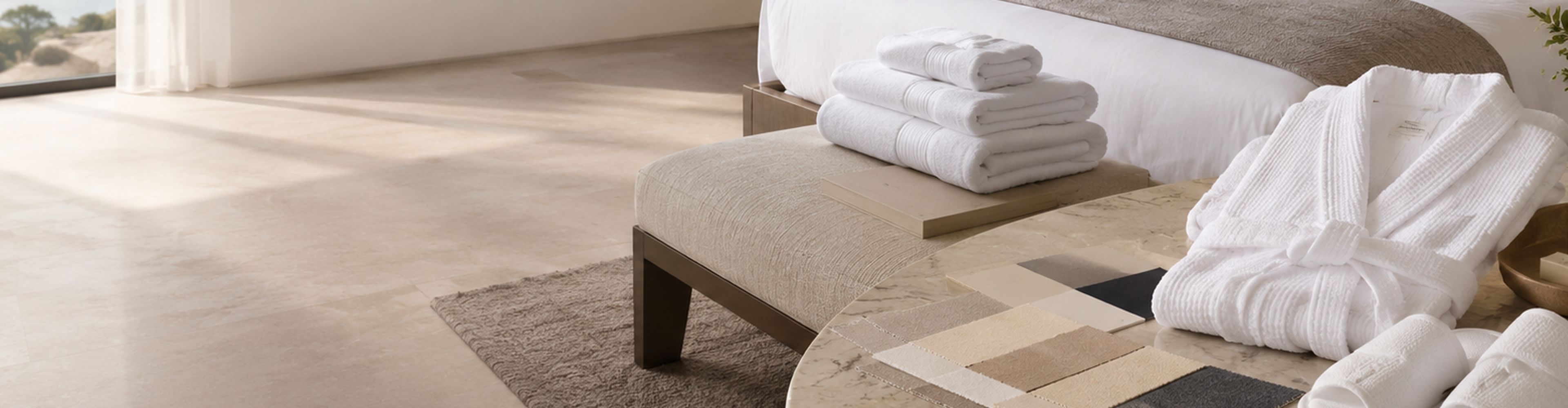 Hotel suite with folded towels, robes and fabric swatches