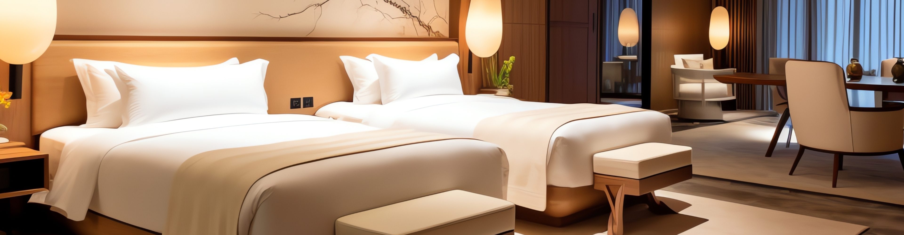 Hotel room with two made beds