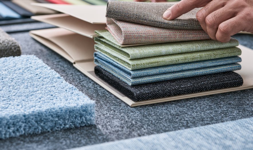Hands sorting layered fabric samples