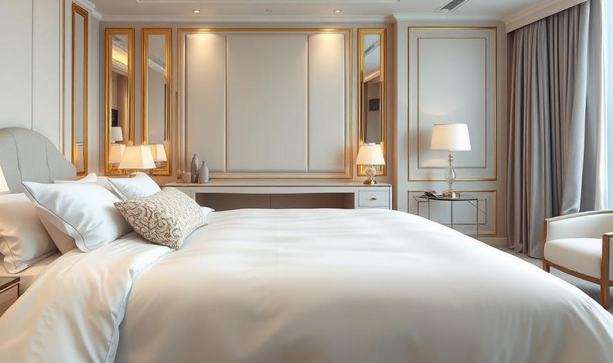 Hotel room with a made bed