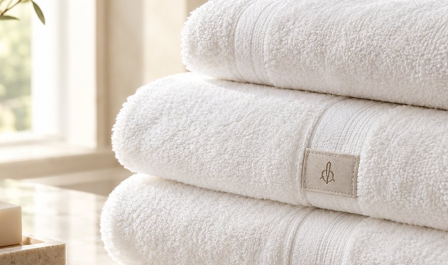 Stacked towels with a woven label