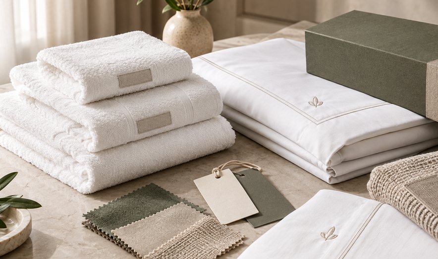 Towels, linens and label samples laid out together