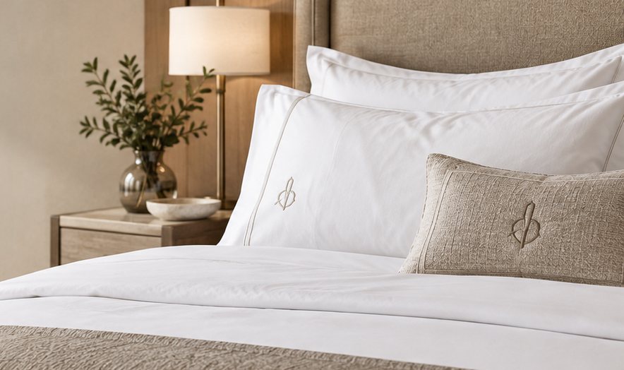 Hotel bed with monogrammed pillowcases