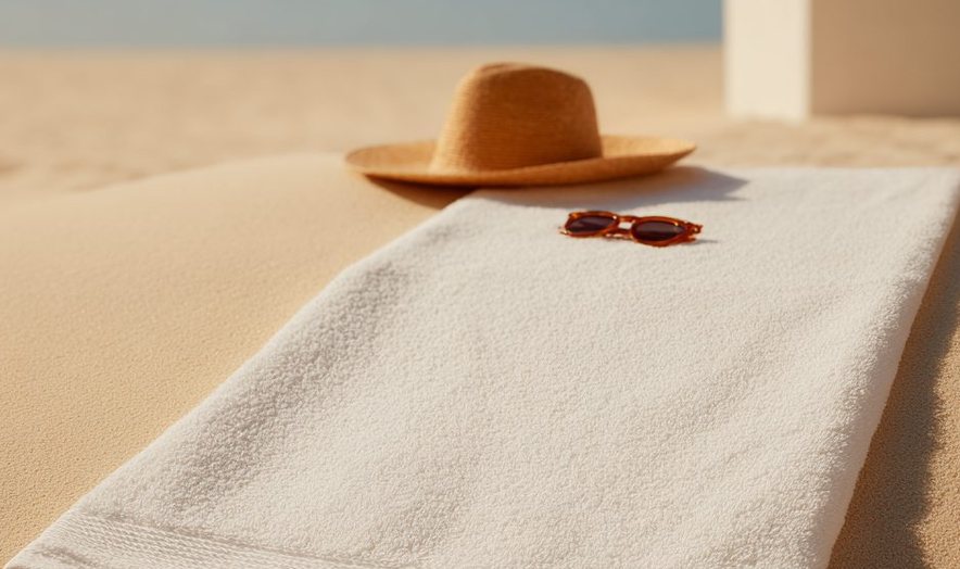 Beach towel on a sun lounger with a hat