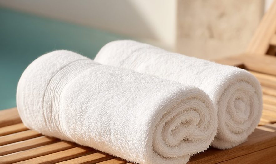 Rolled white towels on a wooden bench
