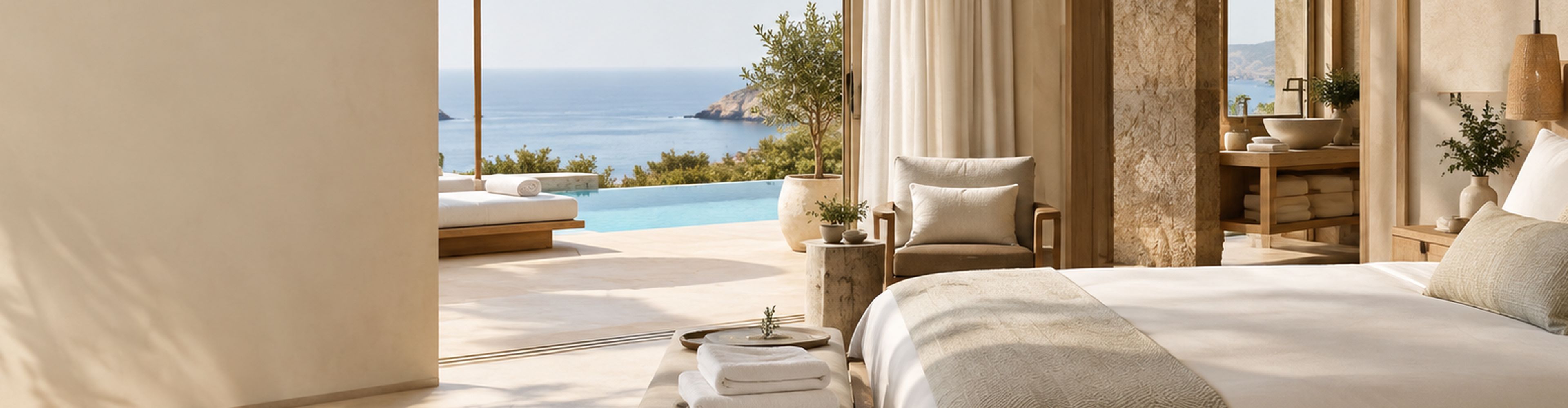 Resort suite opening onto a pool terrace and the sea