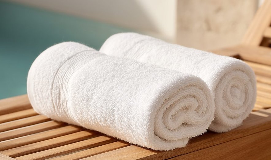 Rolled white towels on a wooden bench