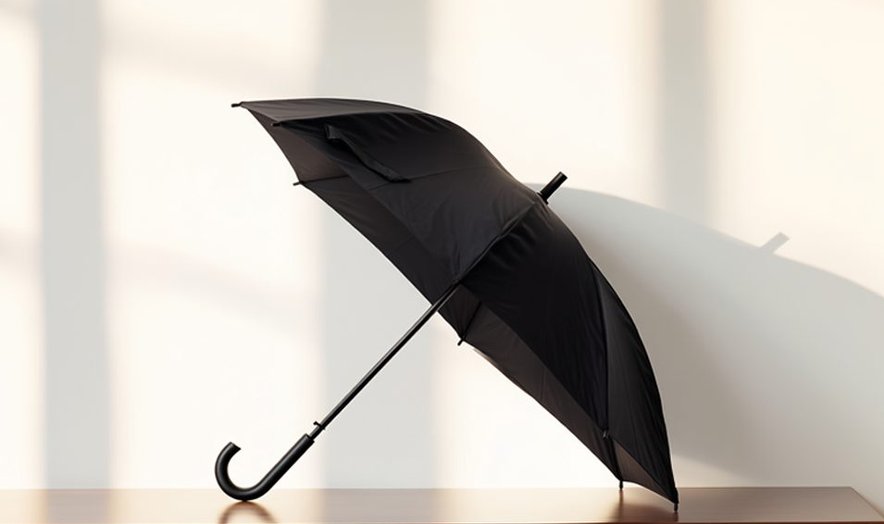 Black umbrella leaning against a wall