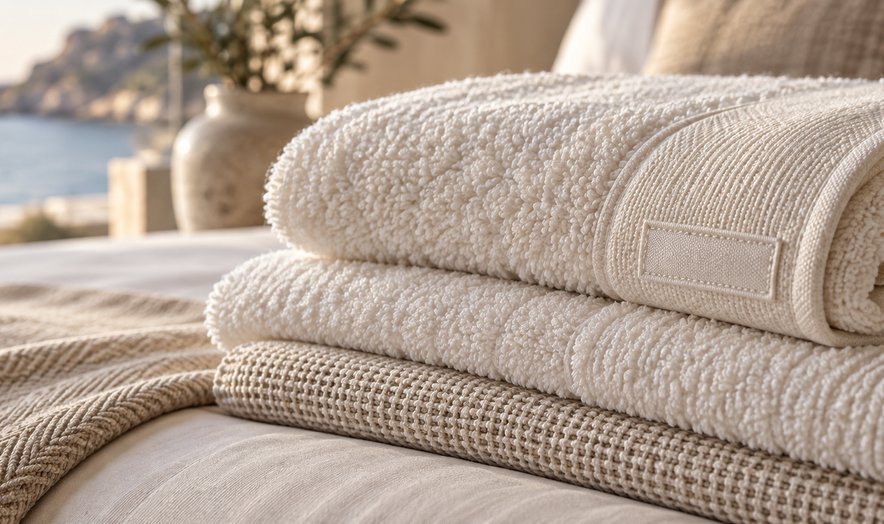 Folded towels and throws on a bed by the sea