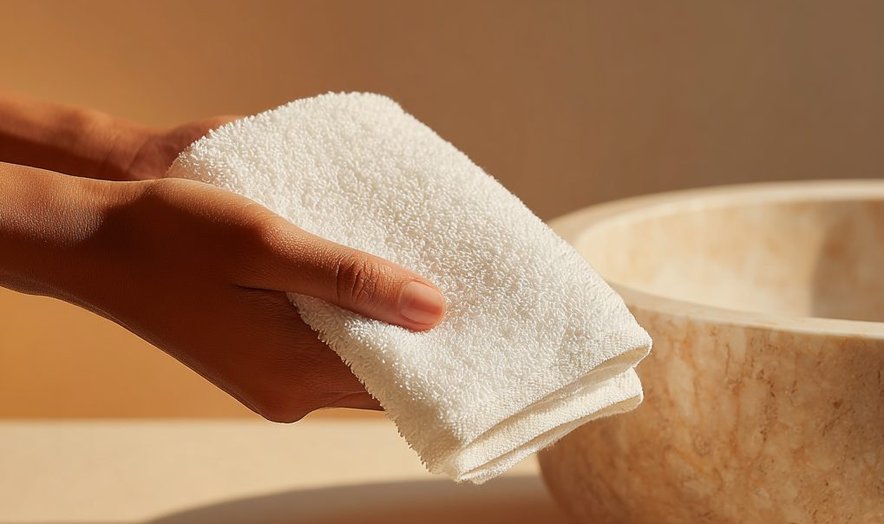 Hand holding a white towel