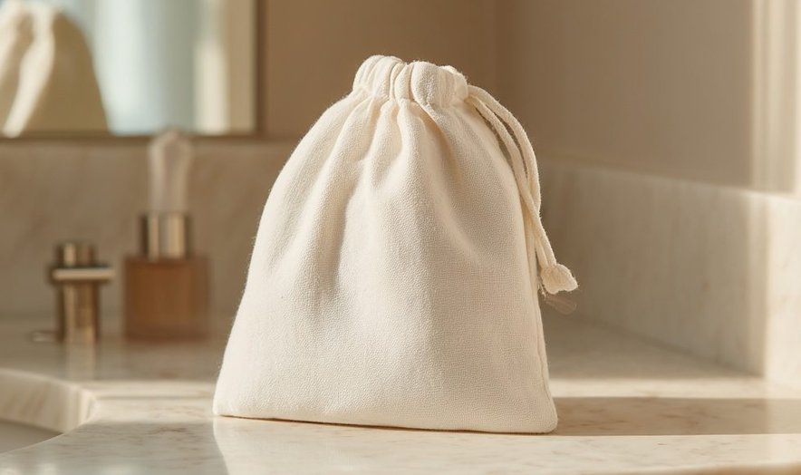 Cream drawstring bag on a vanity