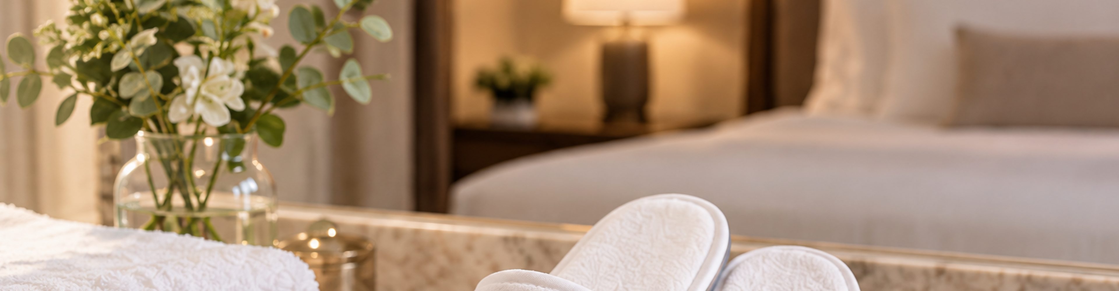 Hotel bedroom with slippers beside the bed