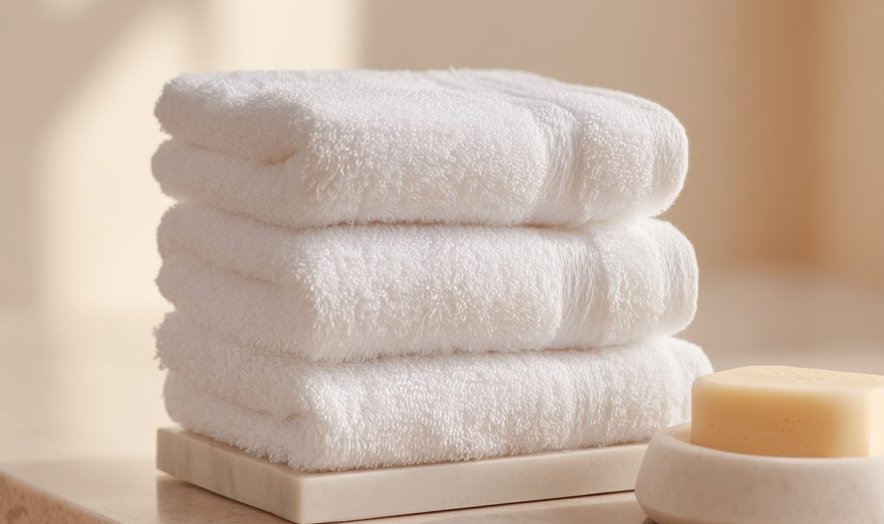 Stack of white towels beside a bar of soap