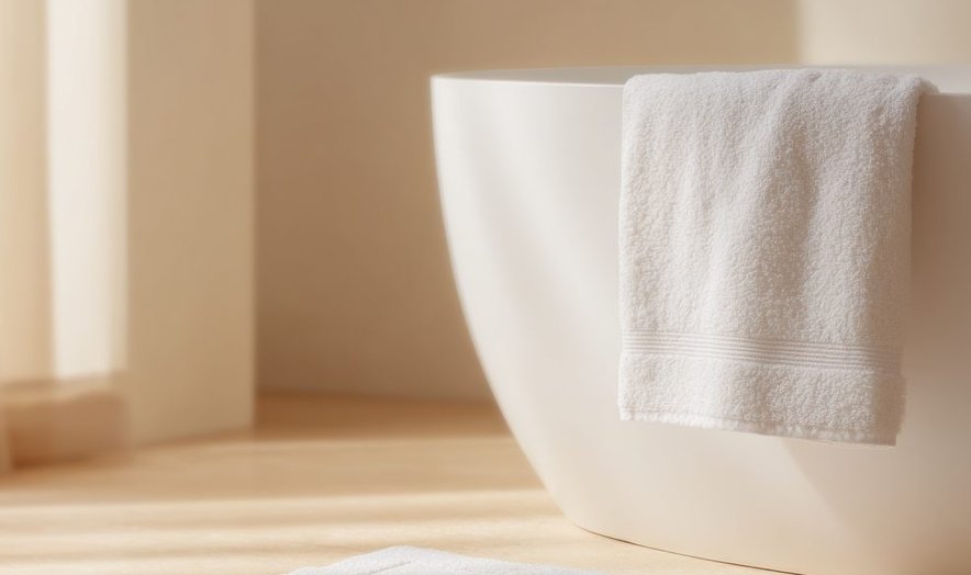 White towel hanging on a bathtub