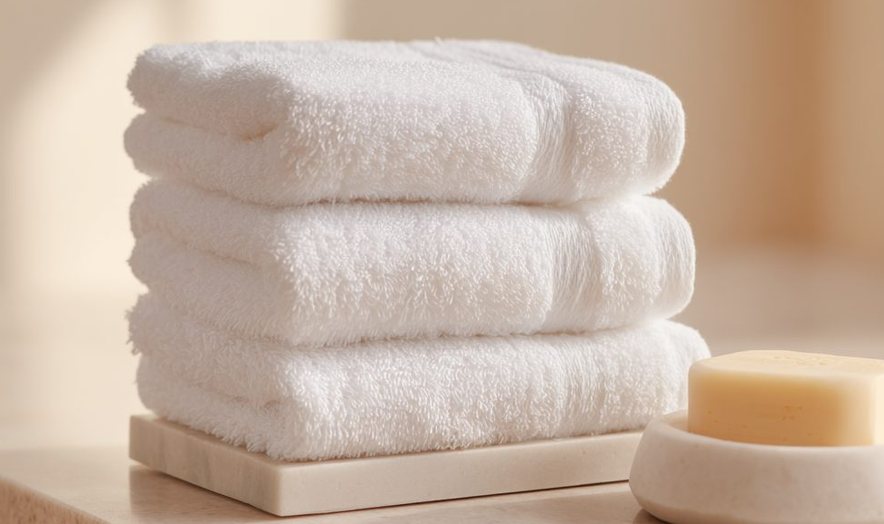 Folded towels with a bar of soap