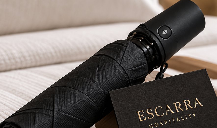 Compact umbrella with an Escarra card