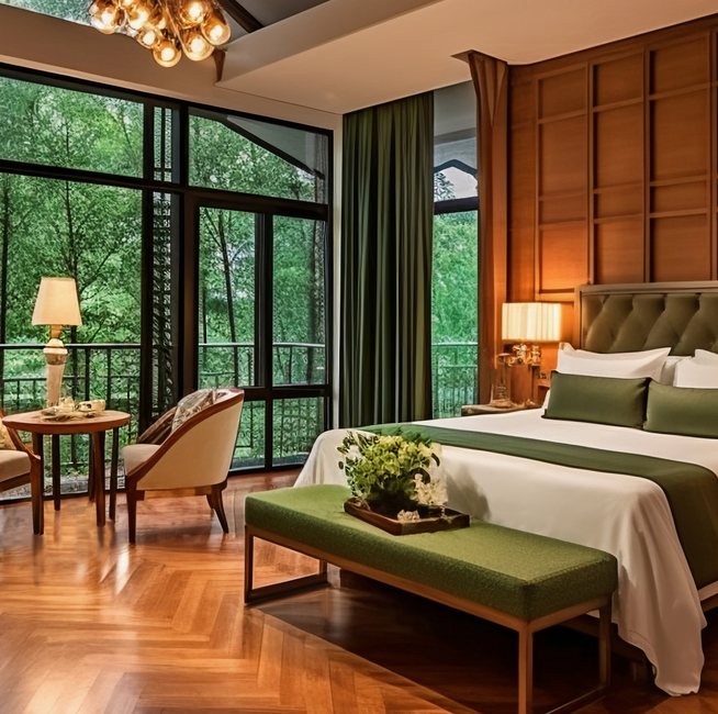 Boutique hotel room with a green bench
