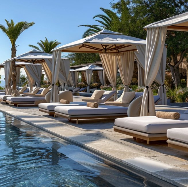 Resort pool deck with cabanas and loungers