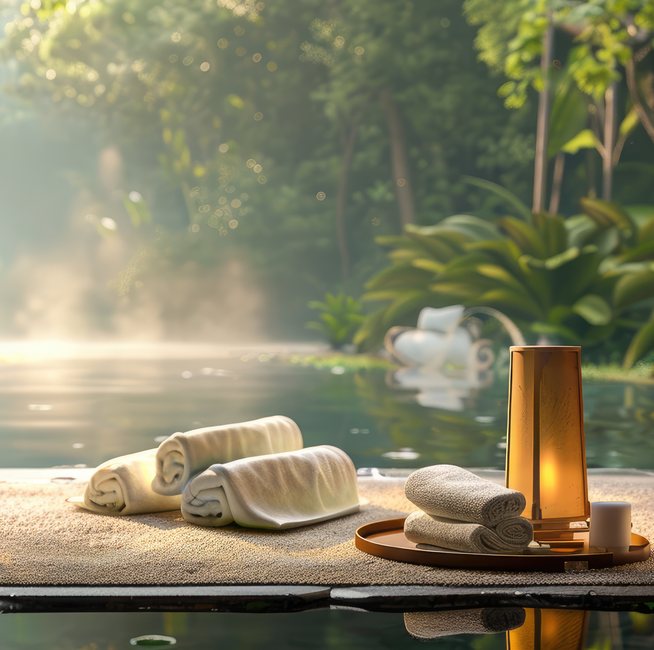Rolled towels and a candle beside a misty spa pool