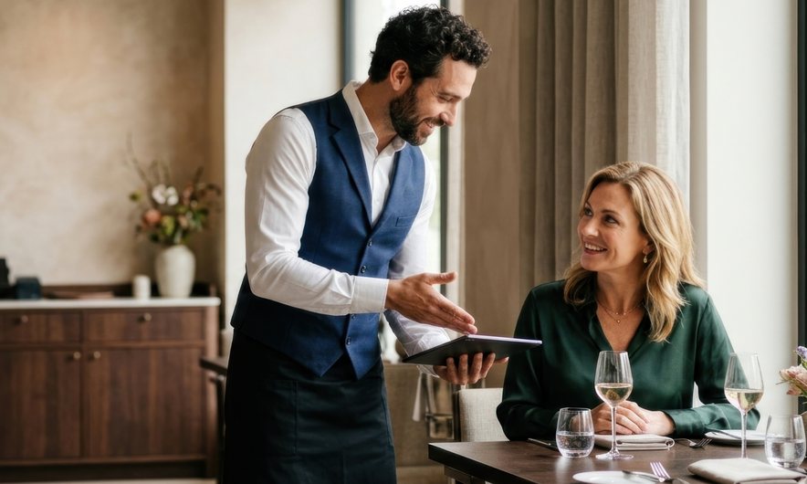 Hotel manager talking with a guest at a table