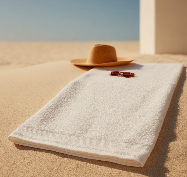 White towel on a sandy beach lounger